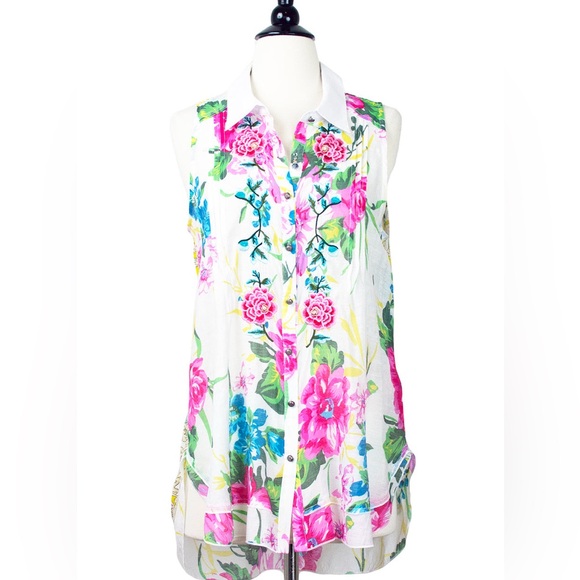 Aratta Tops - Aratta Botanical Sleeveless Button Front Collared Shirt in White Bright Floral